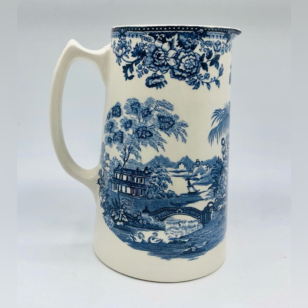 Tonquin Royal Staffordshire Clarence Cliff Blue Pitcher England 7” Ceramic 1960'